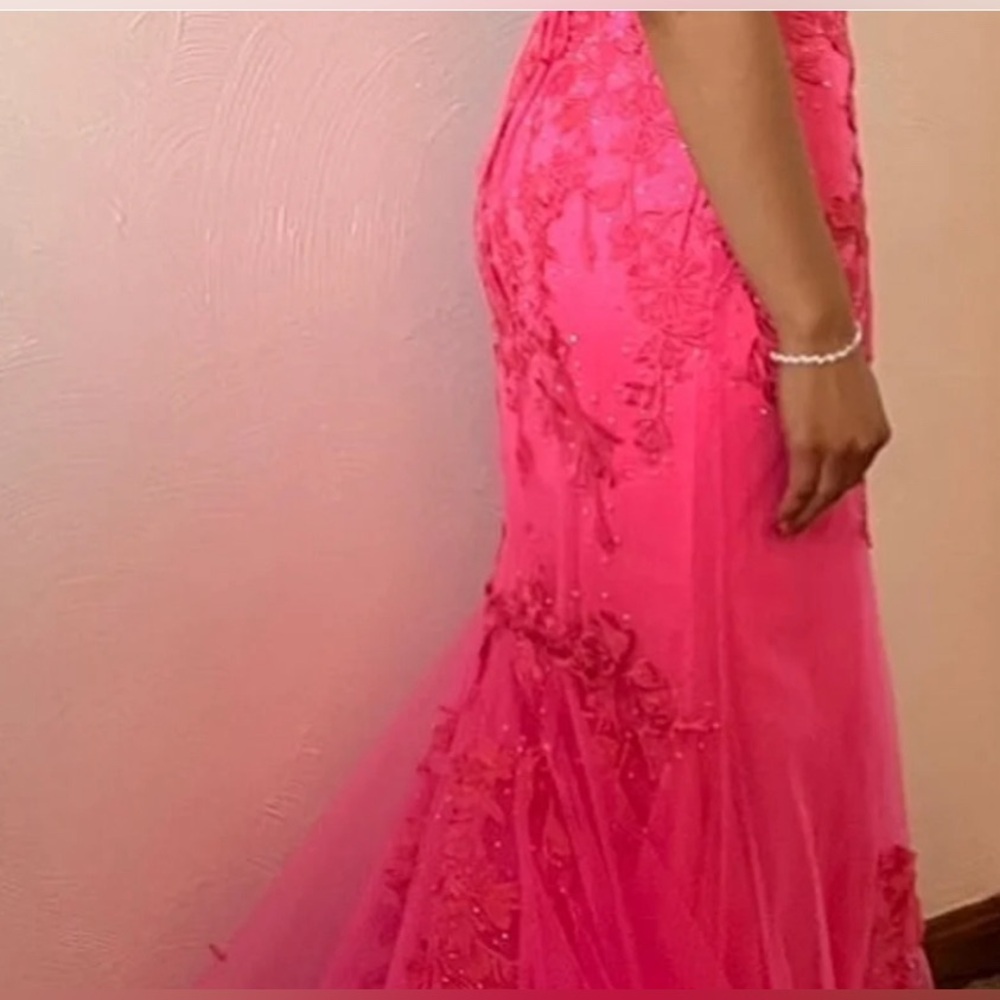 Hot pink Top 10 prom gown exclusive with custom bustle